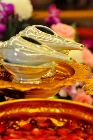 Preparation of a couple of trumpet shells and red rose petals to use for the bride and groom as a part of water blessing ceremony in the traditional Thai weddingの写真素材