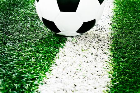 Soccer ball on green grassの写真素材