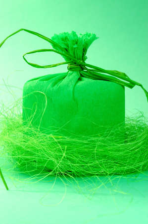 Green present with green ribbon.Present box.の写真素材