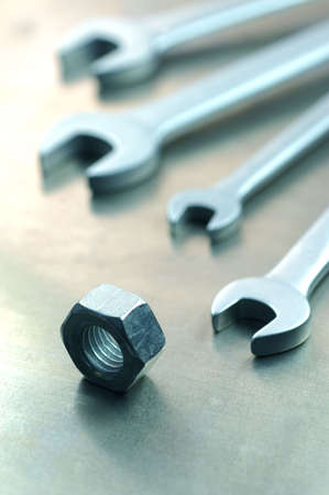 Spanner with nuts and bolts. Combination of spanners.