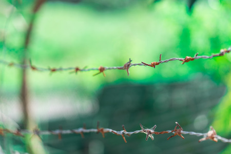 Blurred rusty barbed wire fenceの写真素材