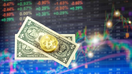 Bitcoin on money about electronic money on digital stock background.の写真素材