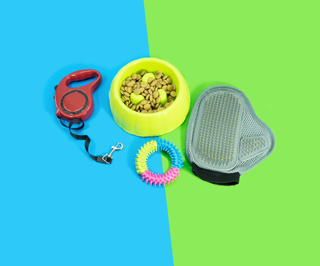 Pet supplies about bowl with dry food, rubber toys and leash on blue and green background.の写真素材