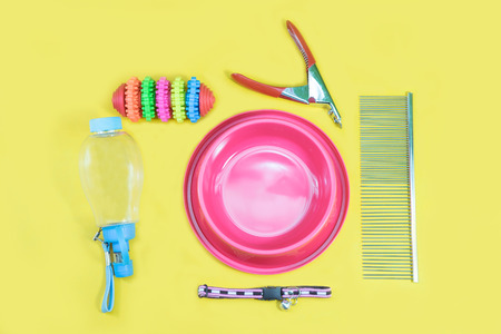 Pet accessories concept:  bowl, toys, collars, comb, bottle of water and nail scissors on yellow background.の写真素材