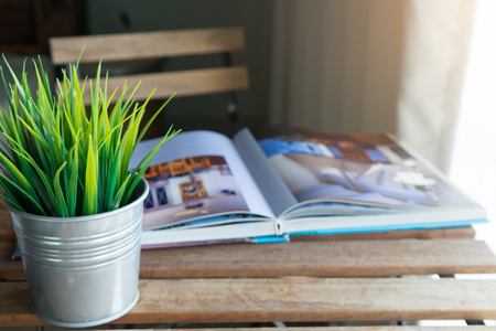 Book and Small pot on the table in living room.の写真素材
