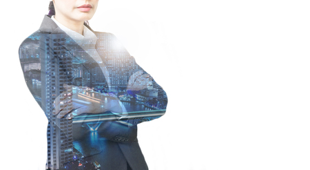 Double exposure of Business people with building at the cityの写真素材