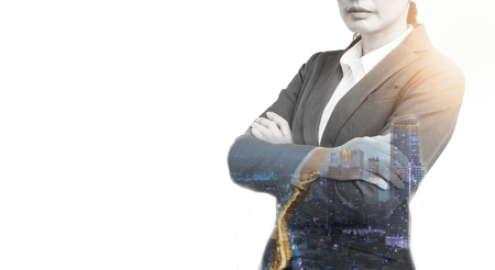 Double exposure of Business people with building at the cityの写真素材