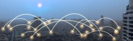 Network connection with Building at the city.  Modern technology concept