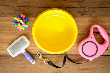 Pet leashes and rubber toy on wooden background.  Pet accessories conceptの写真素材