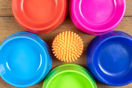 Toy and Plastic bowl on wooden table for pets.  Object for dog or cat conceptの写真素材