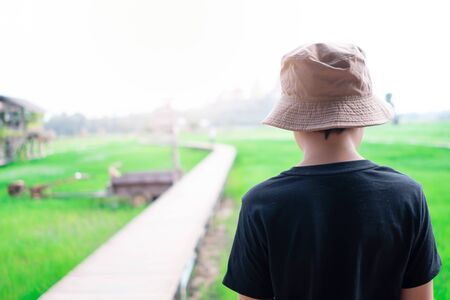Little boy travel at wooden bridge in a rice fieldの写真素材