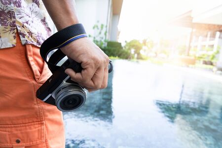Street photographer on road trip. Professional and traveler concept