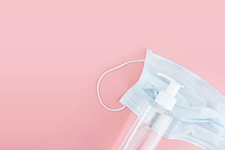 Gel alcohol with health masks with copy spaceの写真素材