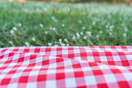 Red checkered tablecloth texture with on green grass at the garden