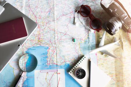 Compass with accessories for travel planningの写真素材