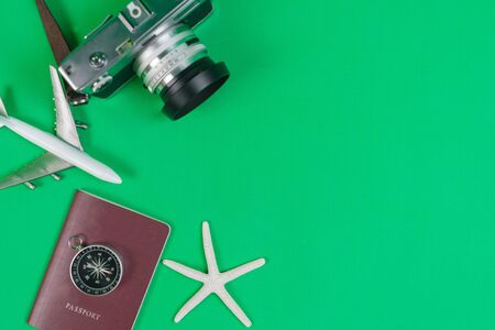 Compass and accessories for travel with copy spaceの写真素材