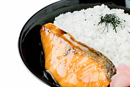 Japanese food concept.  Salmon with rice in bowl on white backgroundの写真素材