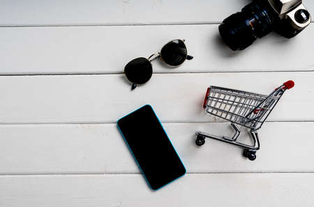 Smartphone and accessories for travel and shoppingの写真素材