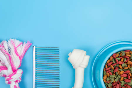 Dry food in bowls with bone and toy on blue