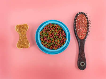 Dry food in bowls with bone and comb for pets on color background.  Flat lay conceptの写真素材