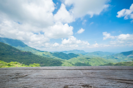 Empty Wooden texture on mountain backgroundの写真素材