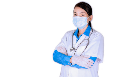 Portrait woman doctor wearing health mask and medical gloves on isolated whiteの写真素材