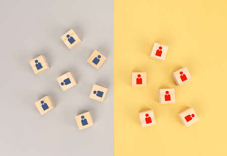 Teamwork for business with Business competitors.  Business icon on cube wooden block