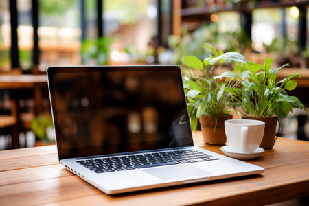 Wooden table with laptop and a cup of coffee, complemented by a vibrant potted plant blurred background.  Generate Aiの素材