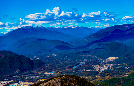 Squamish, BC, Canada - Sept. 21, 2016: Rising to an elevation of 2678 meters, Mt. Garibaldi offers a spectacular backdrop to the small town of Squmish in the Howe Sound.のeditorial素材