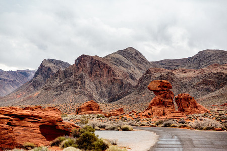 Valley of Fire State Park, Nevada, USA - December 23, 2106:  Panorama of the many spectacular red rock formations found in this state park located near Overton, Nevada and 55 miles northeast of Las Vegas.の写真素材