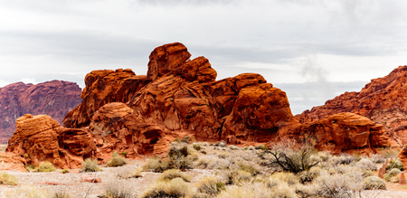 Valley of Fire State Park, Nevada, USA - December 23, 2106:  Panorama of the many spectacular red rock formations found in this state park located near Overton, Nevada and 55 miles northeast of Las Vegas.の写真素材