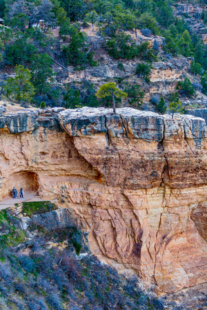 Grand Canyon NP, Arizona, USA - December 21, 2016:  Panorama of the Grand Canyon and Bright Angel Trail as seen from the south rim, near the El Tovar Hotel in the Grand Canyon Village along the Rim Trail.の写真素材