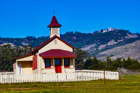San Simeon, California, February 15, 2018:  Located just off Highway 1, and in the shadow of Hearst Castle, this restored schoolhouse has been standing since 1903.のeditorial素材