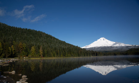 Mt. Hood, Oregon, USA - October 27, 2022:  Views of Mt. Hood Lake Trillium and surrounding forests.の写真素材