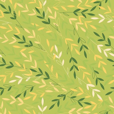 Vector branches with leaves in the wind. Light green, yellow and white, perfect for wrapping paper, wallpaper, textile design, stationery. Seamless patternのイラスト素材