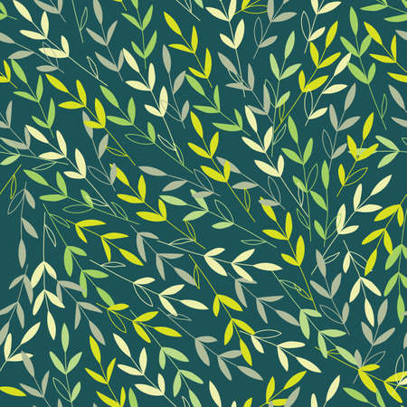 Vector branches with leaves in the wind. Dark green background. Perfect for wrapping paper, wallpaper, textile design, stationery. Seamless patternのイラスト素材