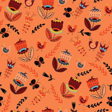 Folk flowers and birds seamless pattern on orangeのイラスト素材