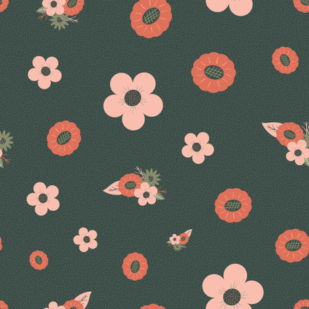 Retro vintage floral surface pattern design on dark muted greenのイラスト素材