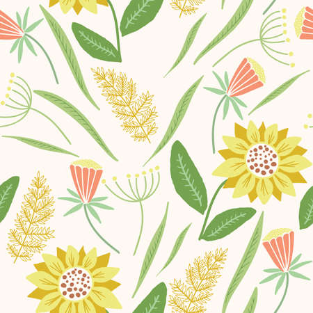 Vector yellow and orange wildflowers seamless patternのイラスト素材