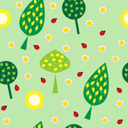 Seamless texture with trees and flowersのイラスト素材