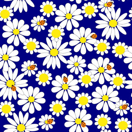 Seamless background with a daisies and ladybirdsのイラスト素材
