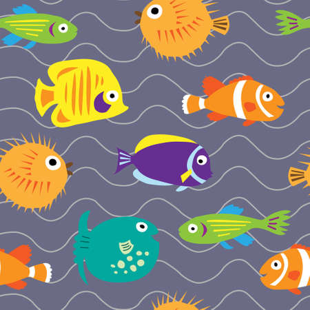Seamless background with a cute marine fish on the wavesのイラスト素材