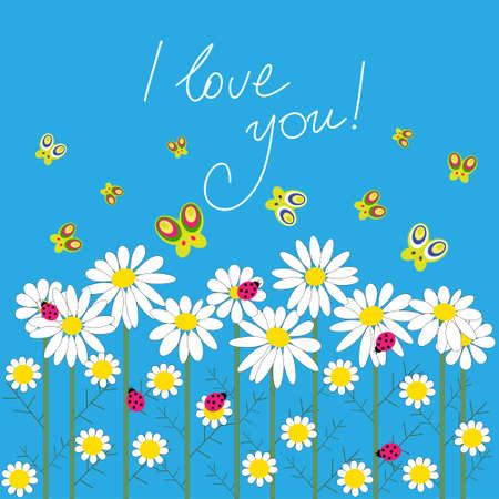 Stylish greeting card with a daisies and butterfliesのイラスト素材
