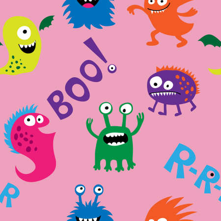 Stylish seamless pattern with a monsters and inscriptions