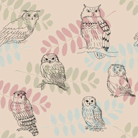 Seamless ornament with wild owls on a branches backgroundのイラスト素材