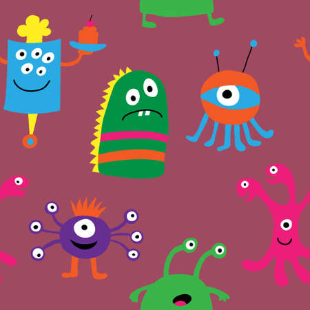 Cute seamless pattern with a different monsters on a pink background