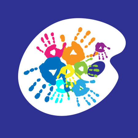 A postcard with an image of art palette and palm printsのイラスト素材