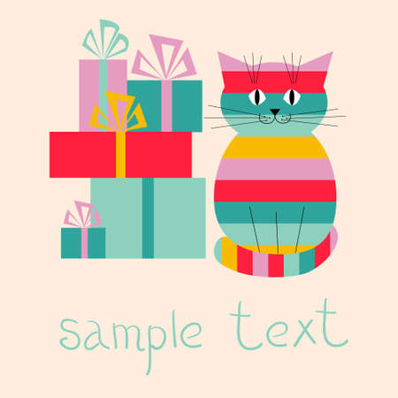 Festive greeting card with a cute cat and giftsのイラスト素材