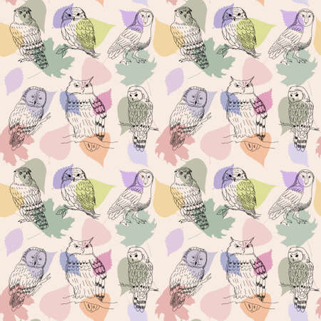 Cute seamless background with a painted hands owlsのイラスト素材