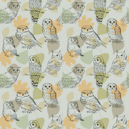 Pattern with a painted owls and leaves.のイラスト素材